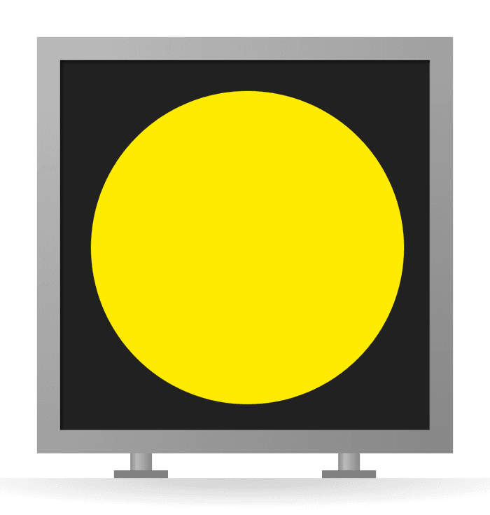 [Arresting gear marker] Yellow disc on a black background in a gray-framed sign box