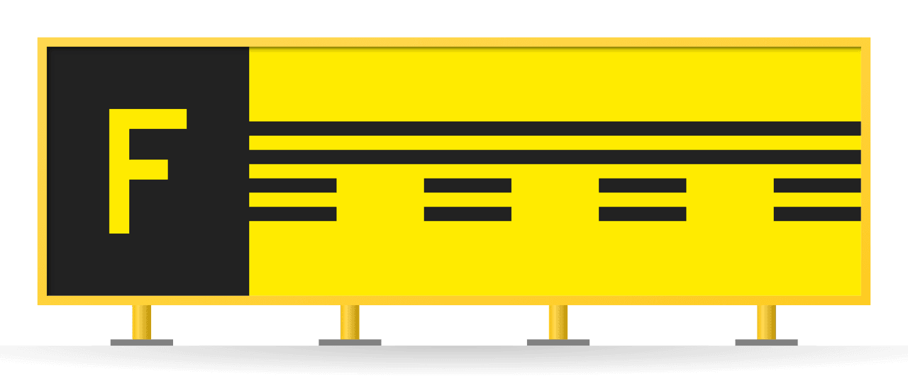 [F + runway vacated symbol] Location sign F beside the runway vacated symbol on yellow, in a yellow-framed box
